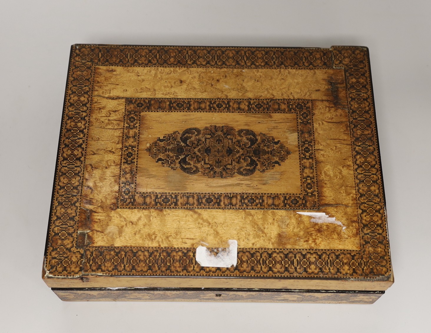 A group of Tunbridge ware including boxes, brushes etc, box 26.5 wide x 21cms deep